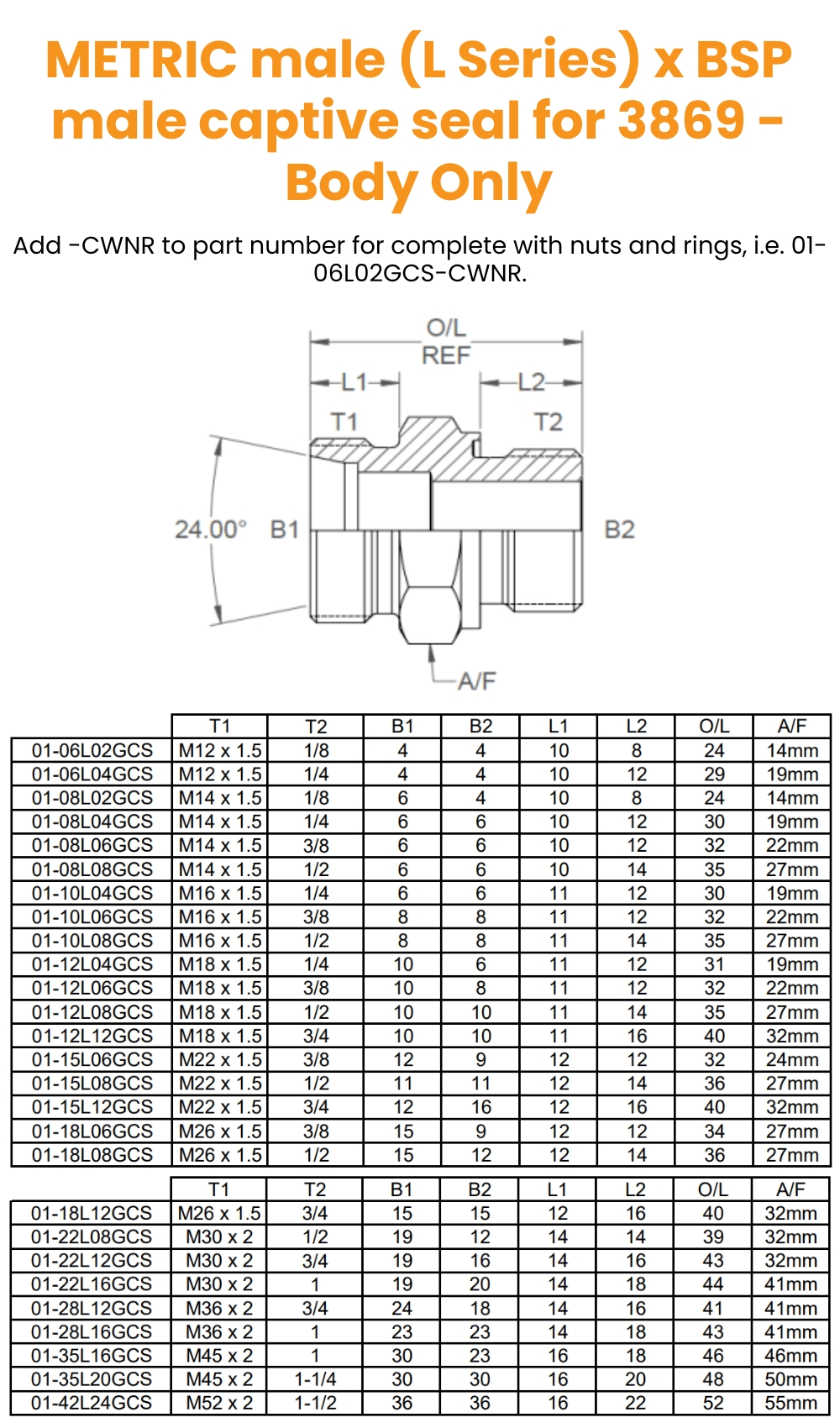 M12 (6L) x 1/8 BSP Captive Seal 3869 M/M - Body Only Hydraulic Adaptor